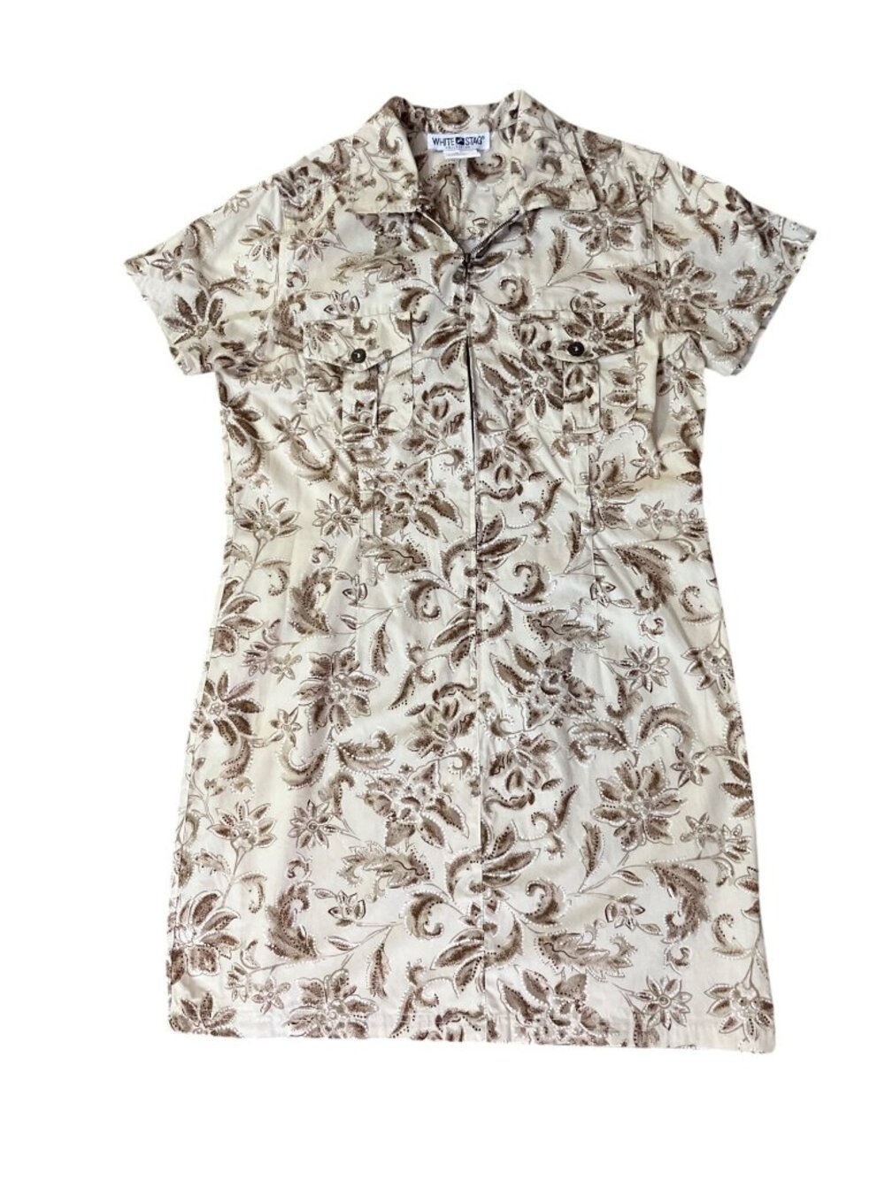 Vintage White Stag Cotton Dress 12 Brown Tan Belted Zip Front Used - Picture 4 of 10